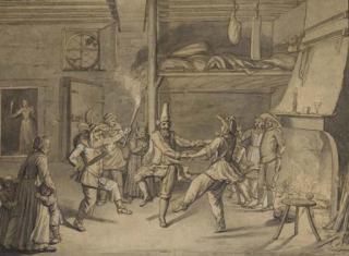 Jacques Stella - Des personnages masqués dansant dans une auberge