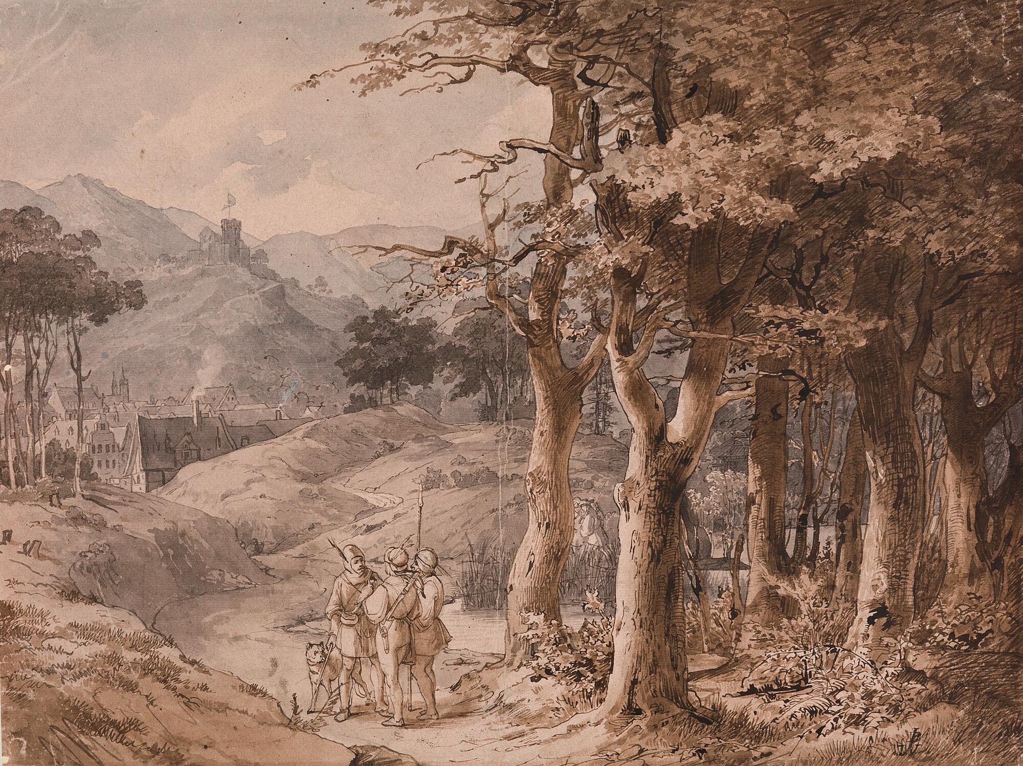 Jakob Becker von Worms - Altdeutsche Waldlandschaft mit Jägern, Stadt und Ritterburg.