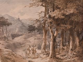 Jakob Becker von Worms - Altdeutsche Waldlandschaft mit Jägern, Stadt und Ritterburg.