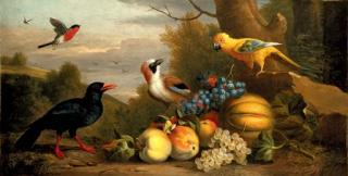 Jakob Bogdani - A Bullfinch, a Chough, a Jay and a Sun Conure with quinces, grapes and melons in a landscape