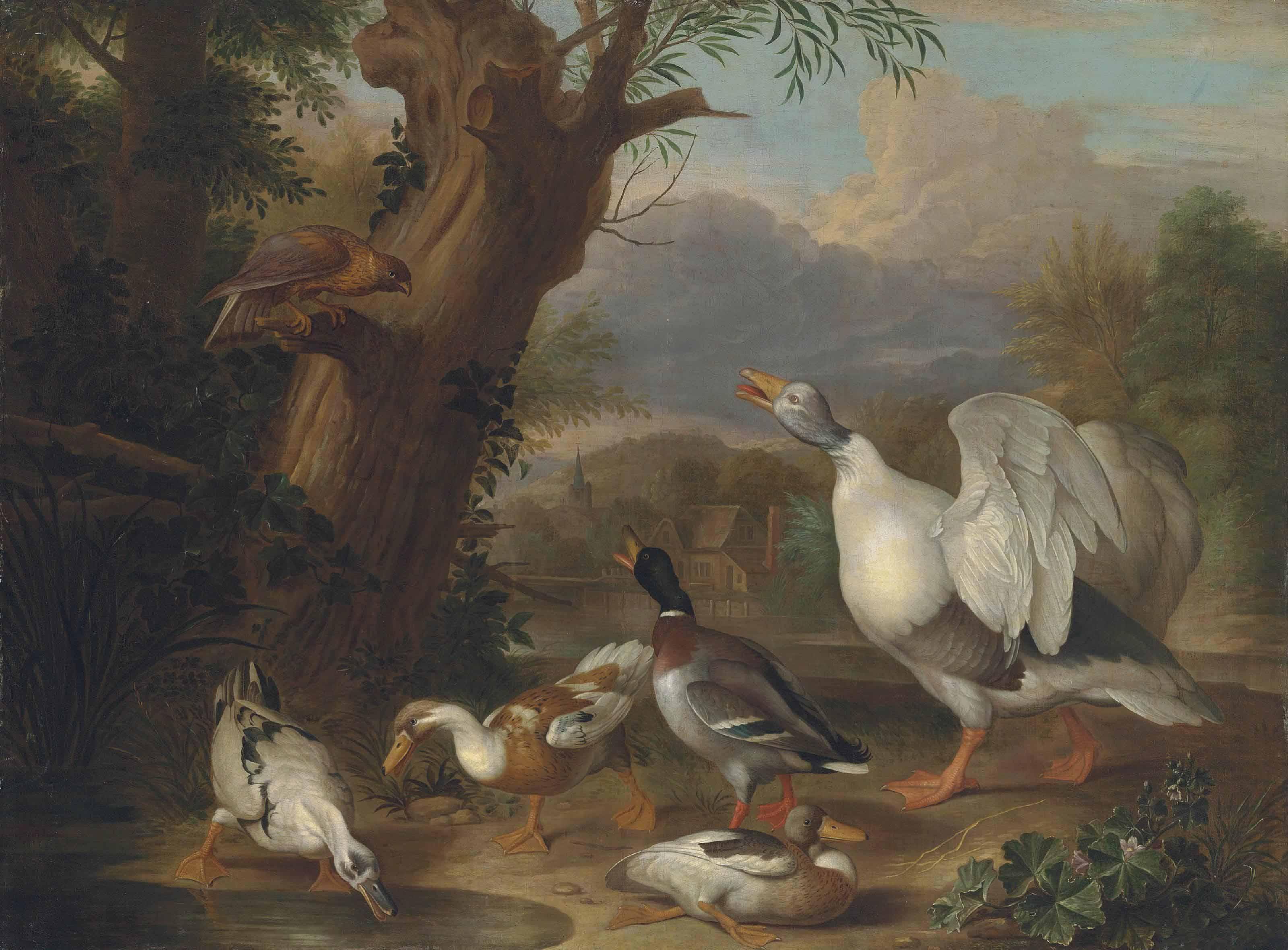 Jakob Bogdani - A goose, mallard and ducks before a lake, with a hawk perched on a tree branch, a village beyond