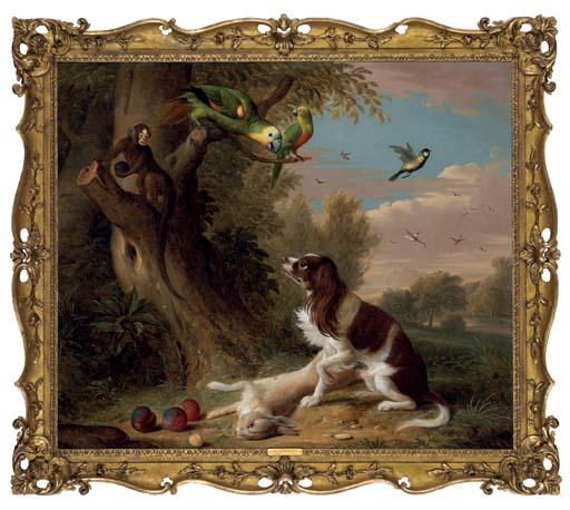 Jakob Bogdani - A spaniel with a dead hare in a landscape, with parrots and a monkey in a tree