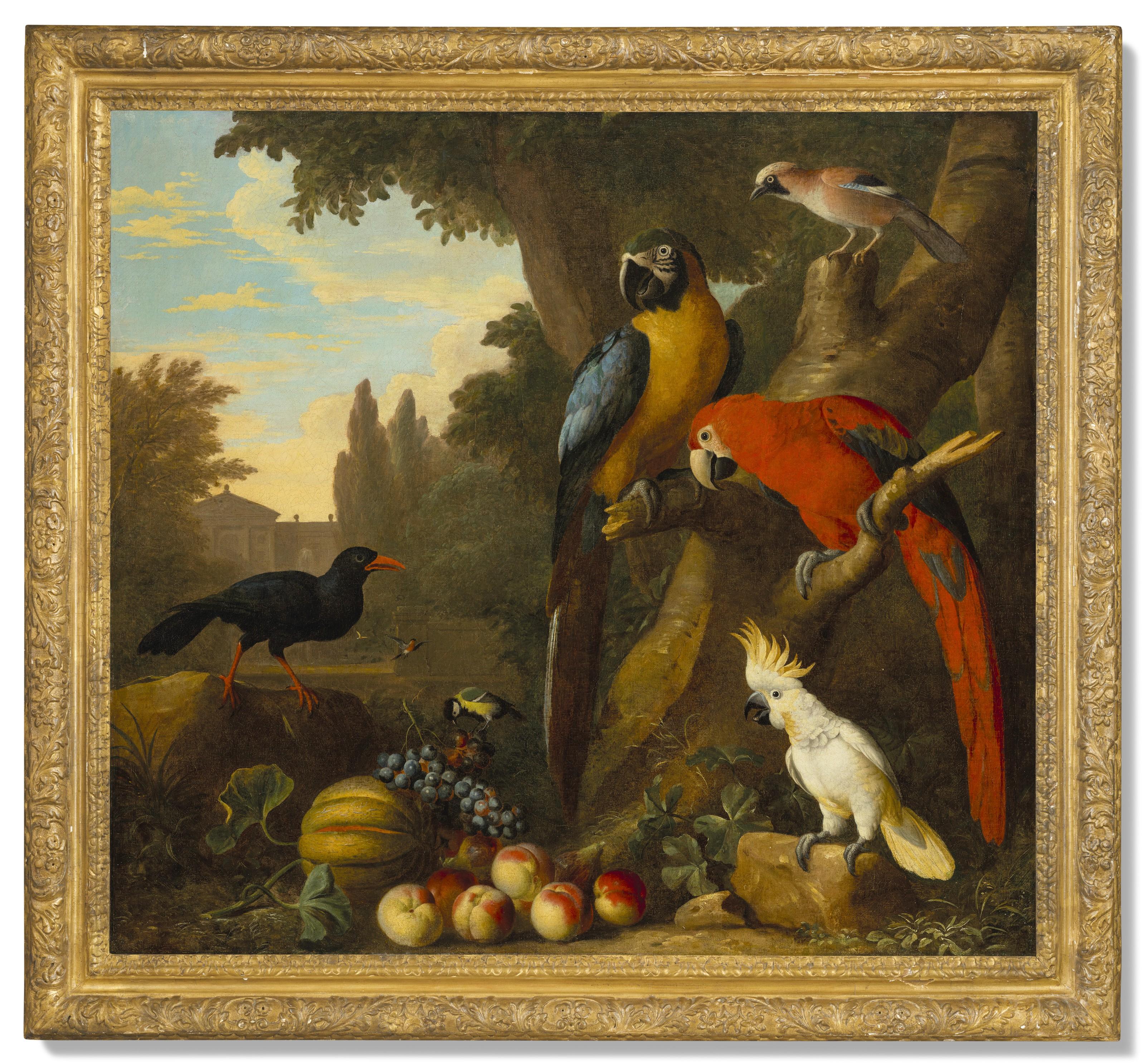Jakob Bogdani - Two macaws, a cockatoo, a red-billed chough and other birds in a landscape with fruit