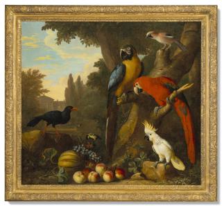 Jakob Bogdani - Two macaws, a cockatoo, a red-billed chough and other birds in a landscape with fruit
