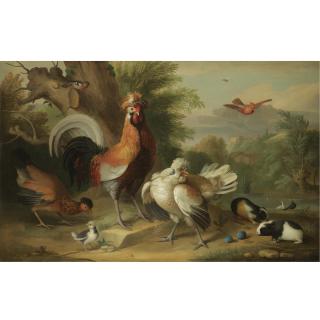 Jakob Bogdány - A Cockerel, Chickens And Other Birds With Guinea Pigs In A Landscape