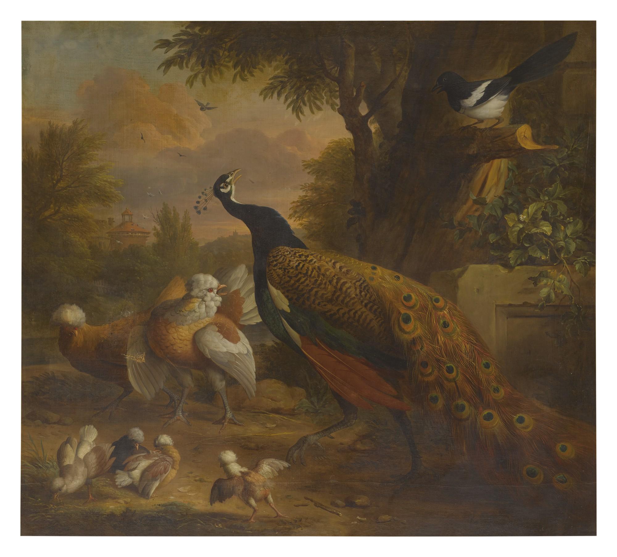 Jakob Bogdány - A Landscape With A Peacock, A Magpie, And Other Various Birds