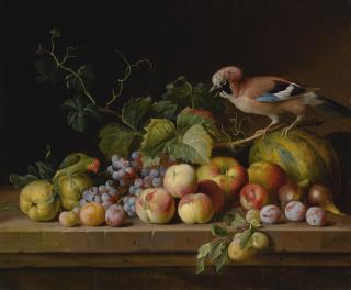 Jakob Bogdány - A Still Life Of Melons, Apples, Peaches, Plums, Figs, Grapes, And Vines On A Stone Ledge With A Jay And Parrot