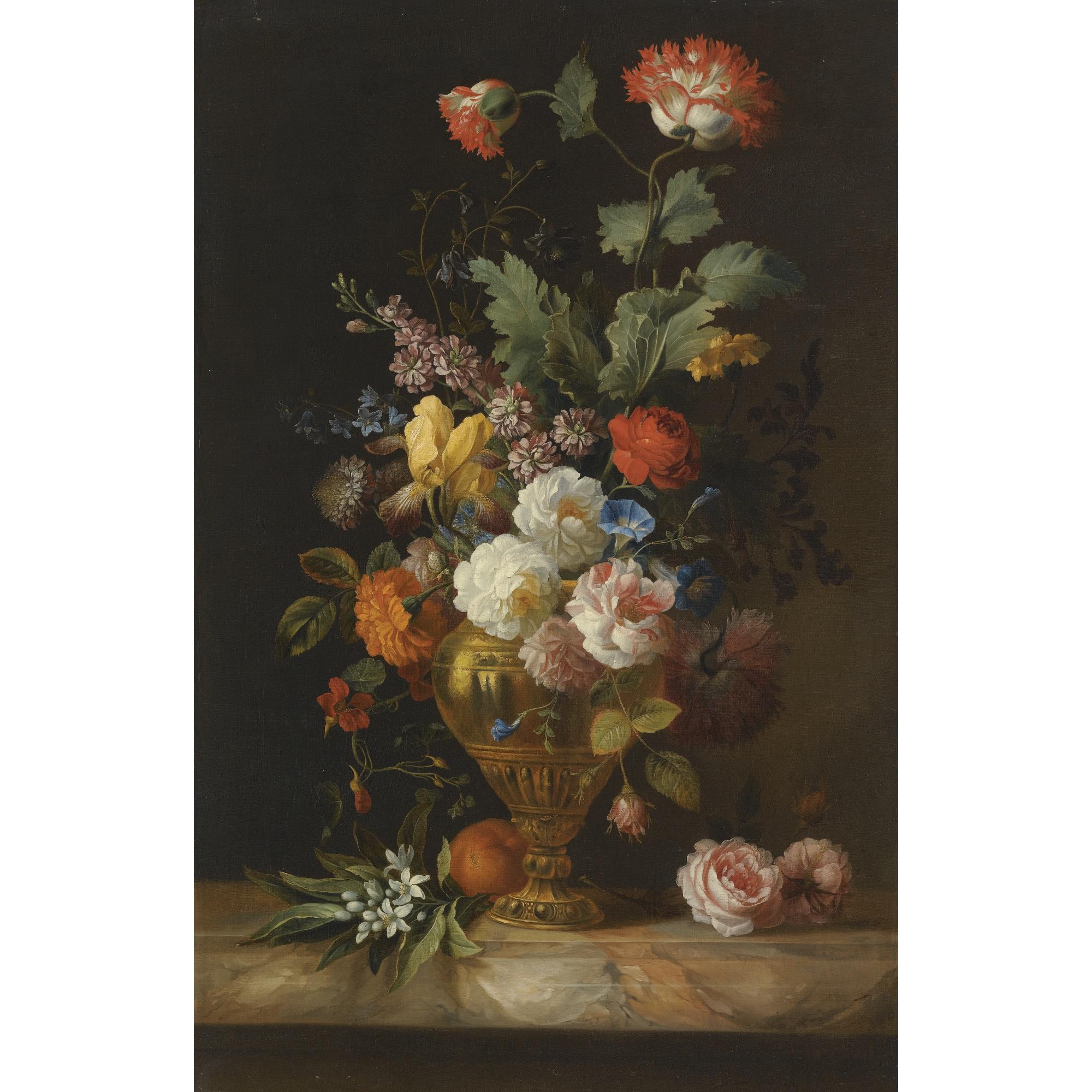 Jakob Bogdány - A Still Life Of Roses And Other Flowers In A Metal Vase On A Marble Ledge