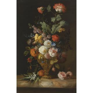Jakob Bogdány - A Still Life Of Roses And Other Flowers In A Metal Vase On A Marble Ledge