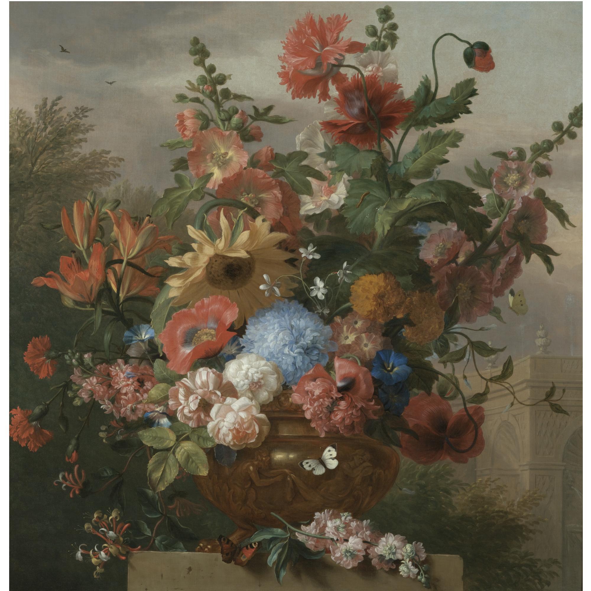 Jakob Bogdány - A Still Life With A Sunflower, Hollyhocks, Lilies, Poppies, Honeysuckle And Other Flowers In A Sculpted Stone Vase On A Plinth Before A Classical Pavilion