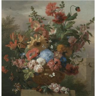 Jakob Bogdány - A Still Life With A Sunflower, Hollyhocks, Lilies, Poppies, Honeysuckle And Other Flowers In A Sculpted Stone Vase On A Plinth Before A Classical Pavilion