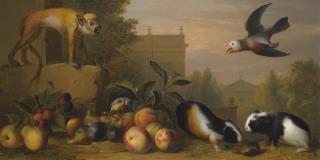 Jakob Bogdány - An Extensive Landscape With A Capuchin Squirrel Monkey, Two Guinea Pigs, A Blue Tit And An Amazon St. Vincent Parrot With Peaches, Figs, And Pears, All Set In An Elegant Park With Classical Buildings Beyond