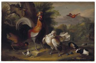 Jakob Bogdány - Domestic fowl with guinea pigs in a wooded landscape, with buildings beyond