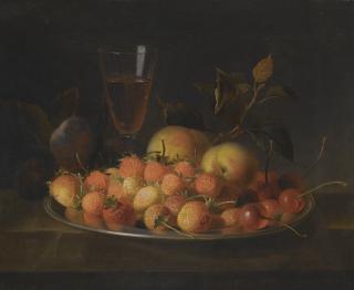 Jakob Bogdány - Still Life Of Strawberries, Cherries And Peaches On A Silver Dish, A Glass Of Red Wine And Plums, All On A Wooden Ledge