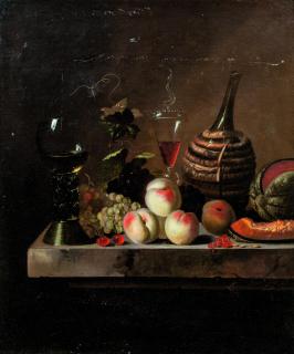 Jakob Bogdany - Still Life With Fruit, A Wine Flask In A Basket And A Large Roemer