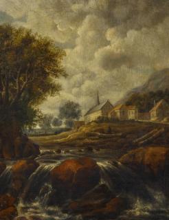 Jakob Isaackszoon van Ruisdael - Landschaft mit Wasserfall und Kirche