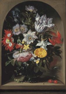 Jakob Marrel - Anemones, a tulip, an opium poppy and other flowers in a glass vase, with a sand lizard and a ladybird, in a stone niche