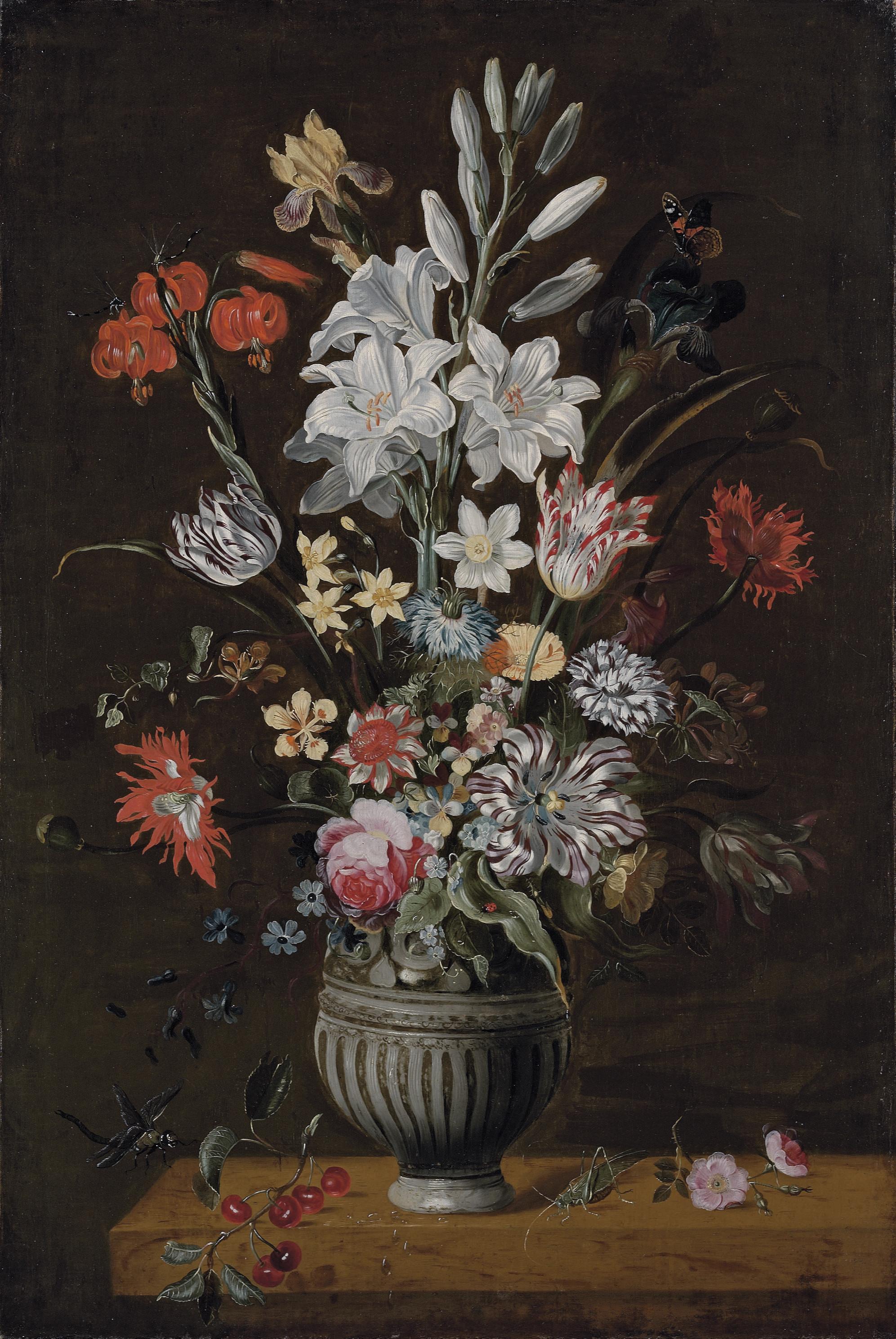 Jakob Marrell - Lilies, irises, tulips, narcissi and other flowers in an urn with a grasshopper and a dragonfly on a stone ledge