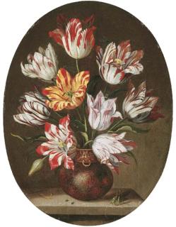 Jakob Marrell - Tulips in a vase with a caterpillar and a grasshopper on a stone ledge, and dragonflies and a bee
