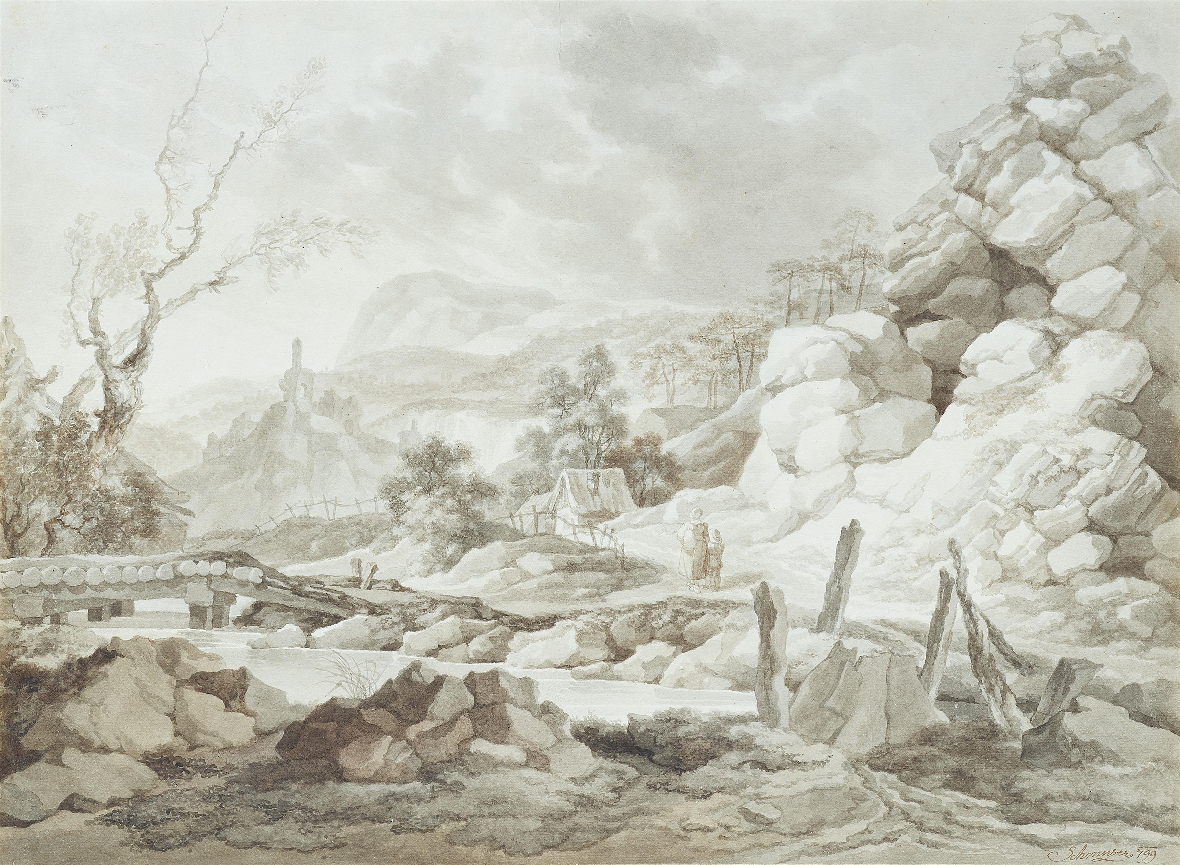 Jakob Mathias Schmutzer - Gebirgsbach mit Brücke und Figuren