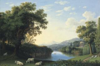 Jakob Philipp Hackert - A capriccio river landscape of the Giardino Inglese at Caserta, with cattle and reclining figures