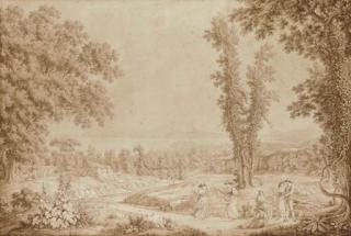 Jakob Philipp Hackert - A view of the Gulf of Pozzuoli with two shepherdesses dancing to a tambourine