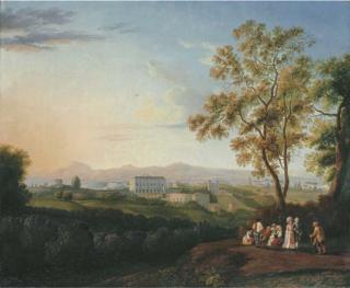 Jakob Philipp Hackert - A view of the Villa Albani, Rome, from the Patrizi Villa, with peasants, and an elegant couple in the foreground