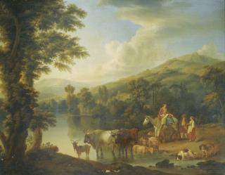 Jakob Philipp Hackert - A Wooded River Landscape With A Woman On A Grey Horse With Animals Watering; A Wooded River Landscape With A Shepherd Resting Beneath A Tree By Cows And Goats