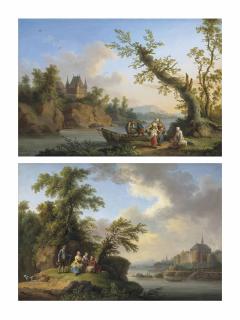 Jakob Philipp Hackert - A Wooded River Landscape With Figures Unloading A Rowing Boat, A Castle On The Rocks Beyond; And A Wooded River Landscape With Figures Resting On The Bank, A Fortified Town Beyond