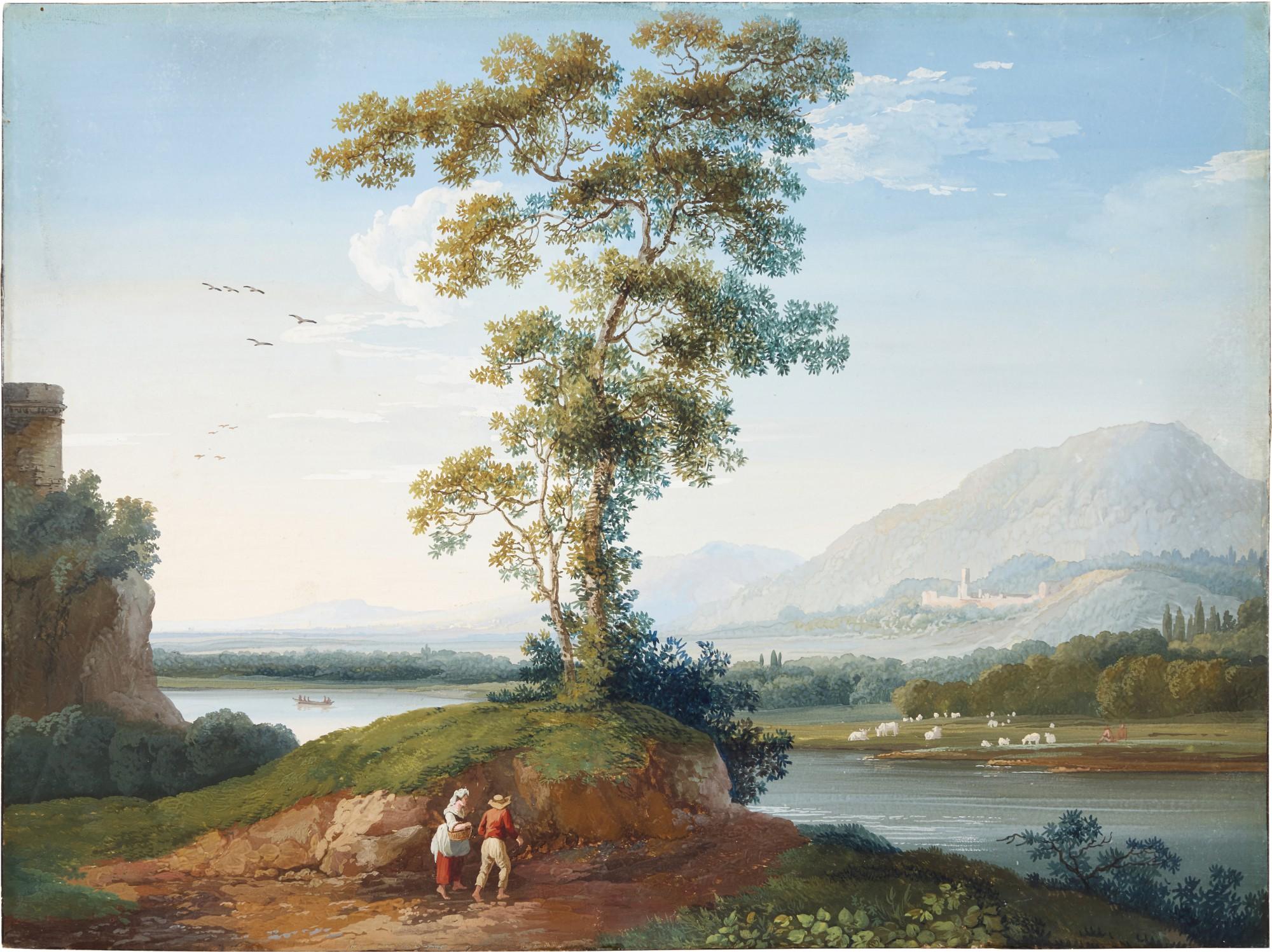 Jakob Philipp Hackert - Mountainous river landscape with figures ambling in the foreground