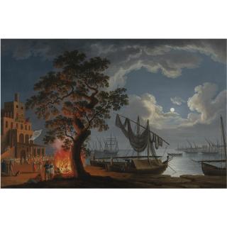 Jakob Philipp Hackert - The Customs House, Naples, By Moonlight With Dancers And Musicians By A Fire