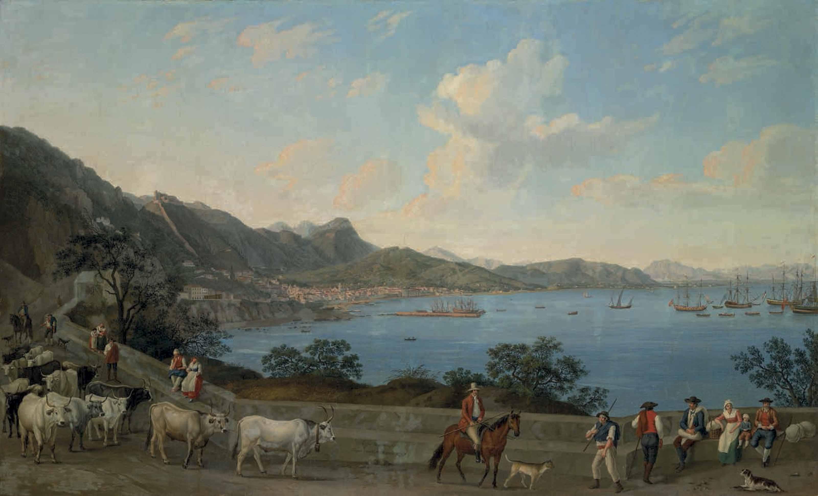 Jakob Philipp Hackert - The Port of Salerno from Vietri, with herdsmen and other figures in the foreground, with the Castello di Arechi beyond and shipping vessels in the bay
