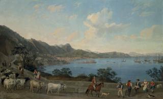 Jakob Philipp Hackert - The Port of Salerno from Vietri, with herdsmen and other figures in the foreground, with the Castello di Arechi beyond and shipping vessels in the bay