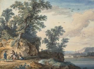Jakob Philipp Hackert - Travellers resting beside a river, with a town, possibly Rouen, beyond