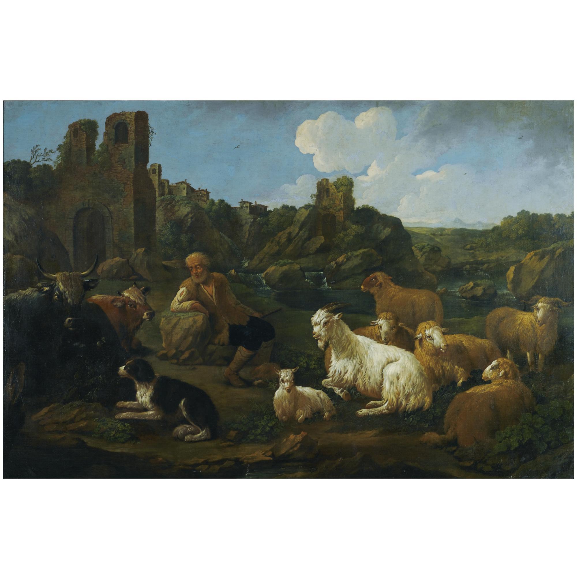 Jakob Roos - A Landscape With A Herder, Cattle, Sheep And A Dog In The Foreground