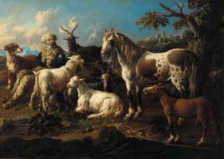 Jakob Roos - A Mountain Landscape With A Goatherd, A Dog, A Horse And Foal, A Hilltop Town Beyond