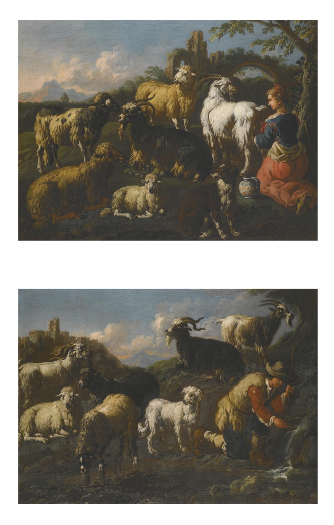 Jakob Roos - A Shepherdess With Her Flock Beside A Ruined Arch; A Goatherd With His Flock Beside A Spring.