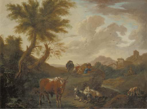 Jakob Roos - An Italianate landscape with a herdsman and his cattle