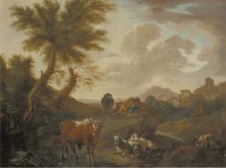 Jakob Roos - An Italianate landscape with a herdsman and his cattle