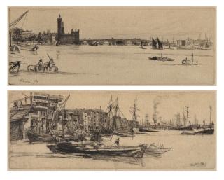 James Abbott McNeill Whistler - Thames Warehouses; Old Westminster Bridge, both from A Series of Sixteen Etchings of Scenes on the Thames and Other Subjects 2