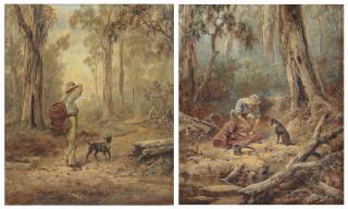 James Alfred Turner - \'Undecided\'; And \'Equal Shares\': A Swagman And His Dog In The Bush
