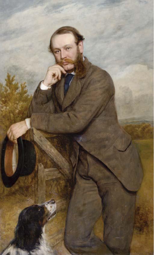 James Archer, R.S.A. - Portrait of A Gentleman, Said To Be G.A. Fernley J.P., Standing By A Gate With His Dog