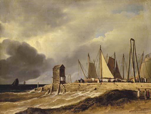 James Arthur O\'Connor - A pier in choppy seas with figures in the foreground and sailing boats beyond, traditionally described as \'The old fish market at Brighton\'