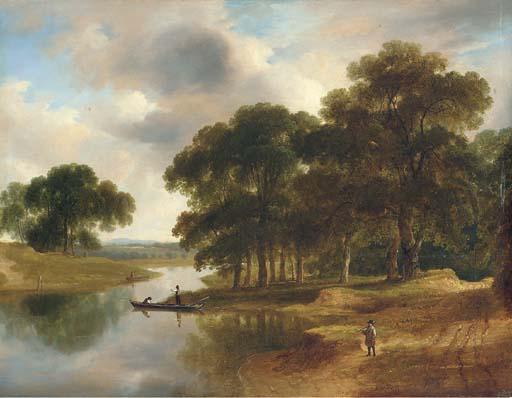 James Arthur O\'Connor - A Wooded River Landscape With A Figure On A Path In The Foreground And Figures In Boats On The River Beyond