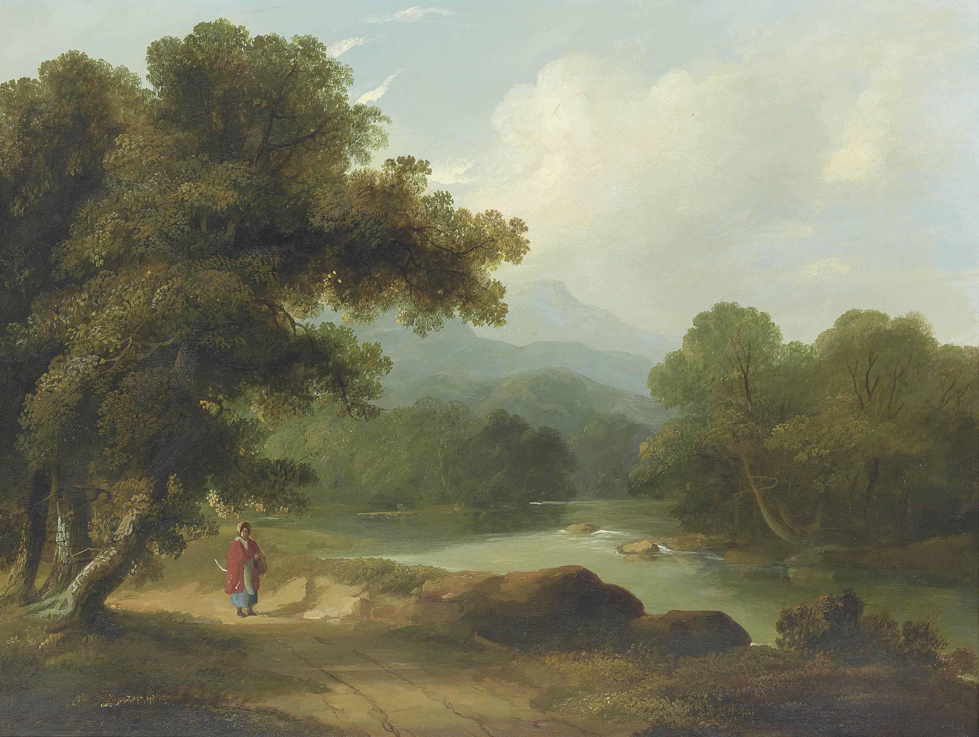 James Arthur O\'Connor - A Wooded River Landscape With A Woman On A Track