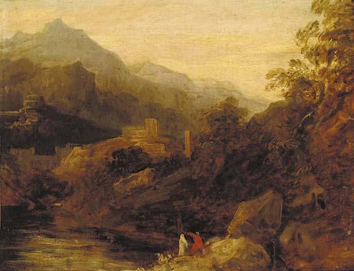 James Baillie Fraser - An Extensive Mountainous Landscape, Possibly India, With Figures By A Pool And Fortifications Beyond
