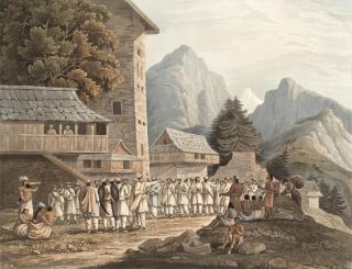 James Baillie Fraser - \'Assemblage Of Hillmen\'; With 2 Further Views Hand-Coloured Aquatings By R. Havell & Son After Fraser, Laid On Card, 2 Within Window-Mounts, Published By Rodwell & Martin, 1820 (3)
