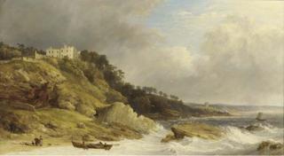 James Baker Pyne, R.B.A. - Fishermen landing a boat before a clifftop country house