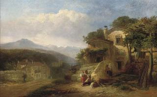 James Baker Pyne, R.B.A. - Italian peasants in an Alpine landscape