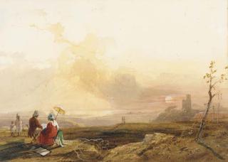 James Baker Pyne - Figures sketching in a sunset landscape